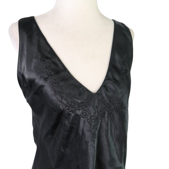 Vintage 90s Inner Most Black Satin Embroidered Nighty Dress M - Picture 2 of 6